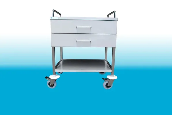 Carro de hospital con doble cajón superior y plataforma inferior para insumos médicos.